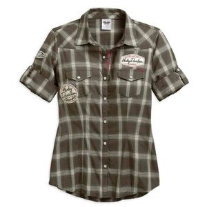 Harley-Davidson® Women's Multi-Patch Short Sleeve Plaid Shirt 96077-17VW/002S